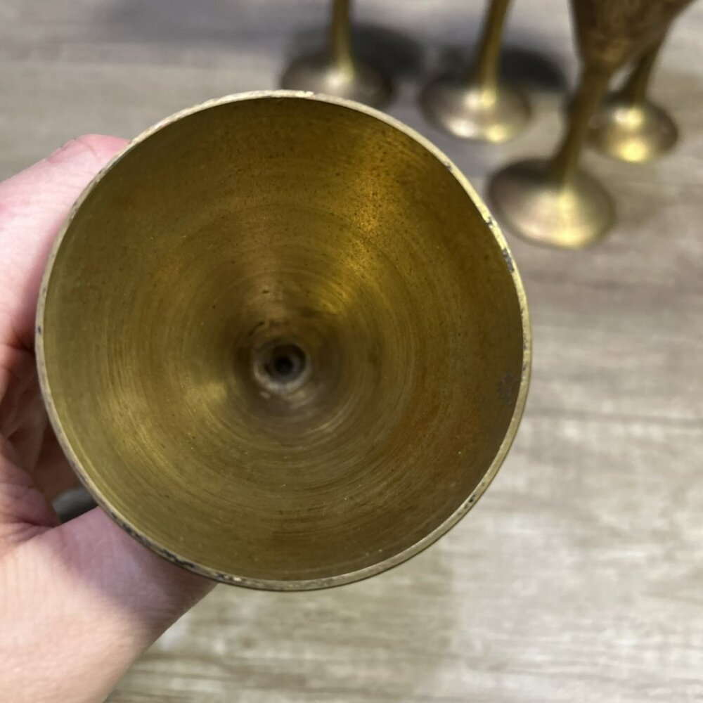 Etched Brass Wine Goblet India Table Top Decor Vintage Beware 5 Small Solid Cups - Picture 5 of 9